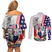 French-American Heritage Month Couples Matching Off Shoulder Short Dress and Long Sleeve Button Shirt National Flags Style with Rooster and Bald Eagle - Wonder Print Shop
