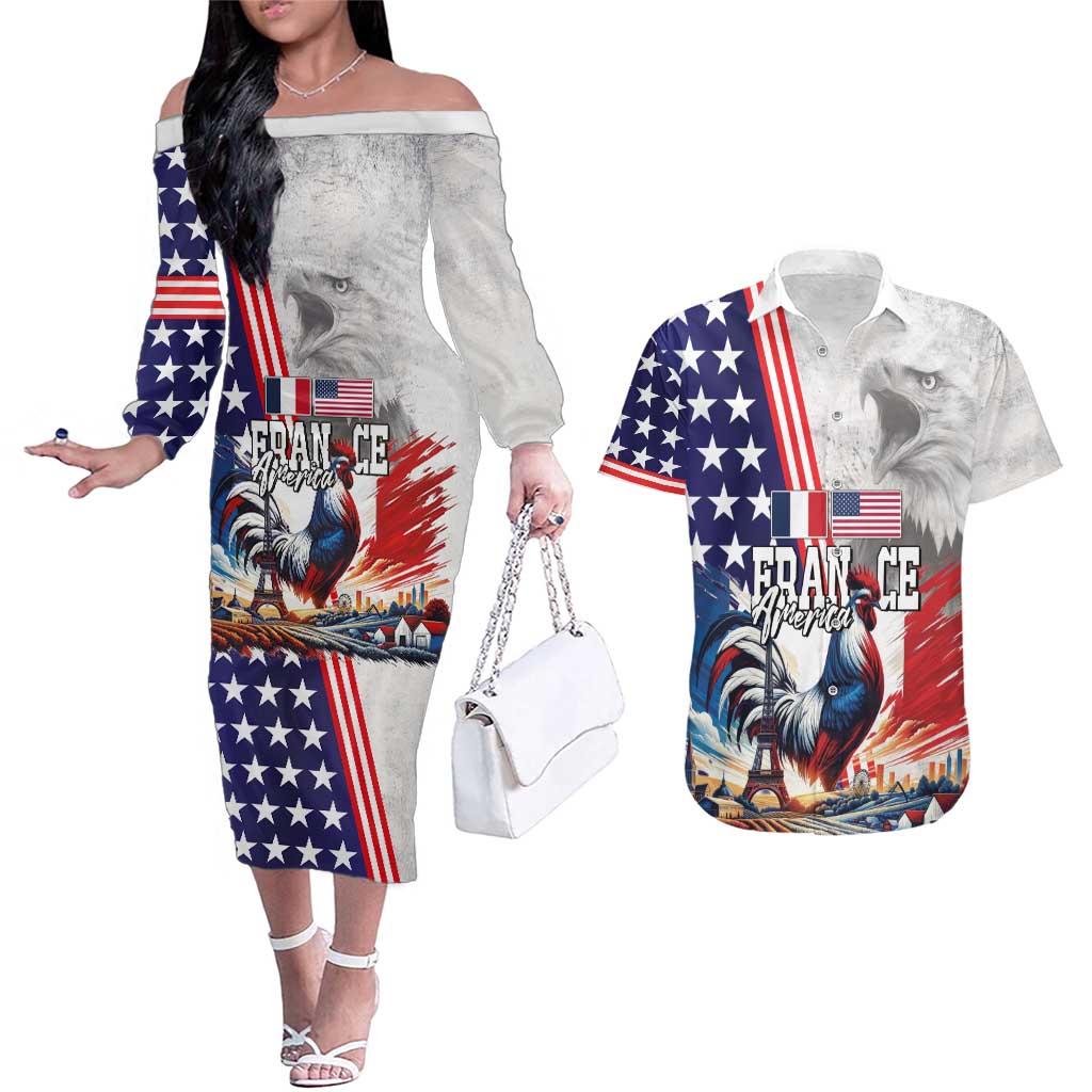 French-American Heritage Month Couples Matching Off The Shoulder Long Sleeve Dress and Hawaiian Shirt National Flags Style with Rooster and Bald Eagle - Wonder Print Shop
