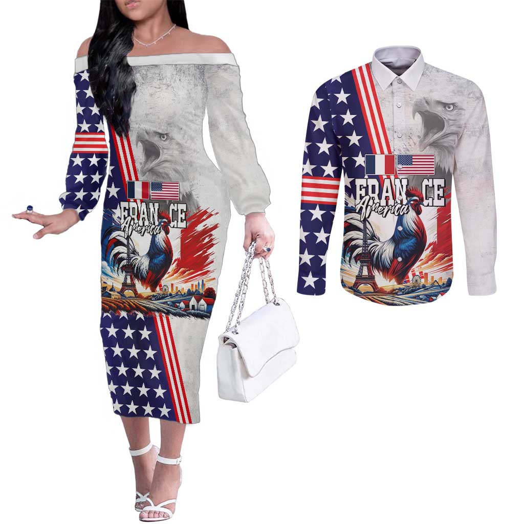 French-American Heritage Month Couples Matching Off The Shoulder Long Sleeve Dress and Long Sleeve Button Shirt National Flags Style with Rooster and Bald Eagle - Wonder Print Shop