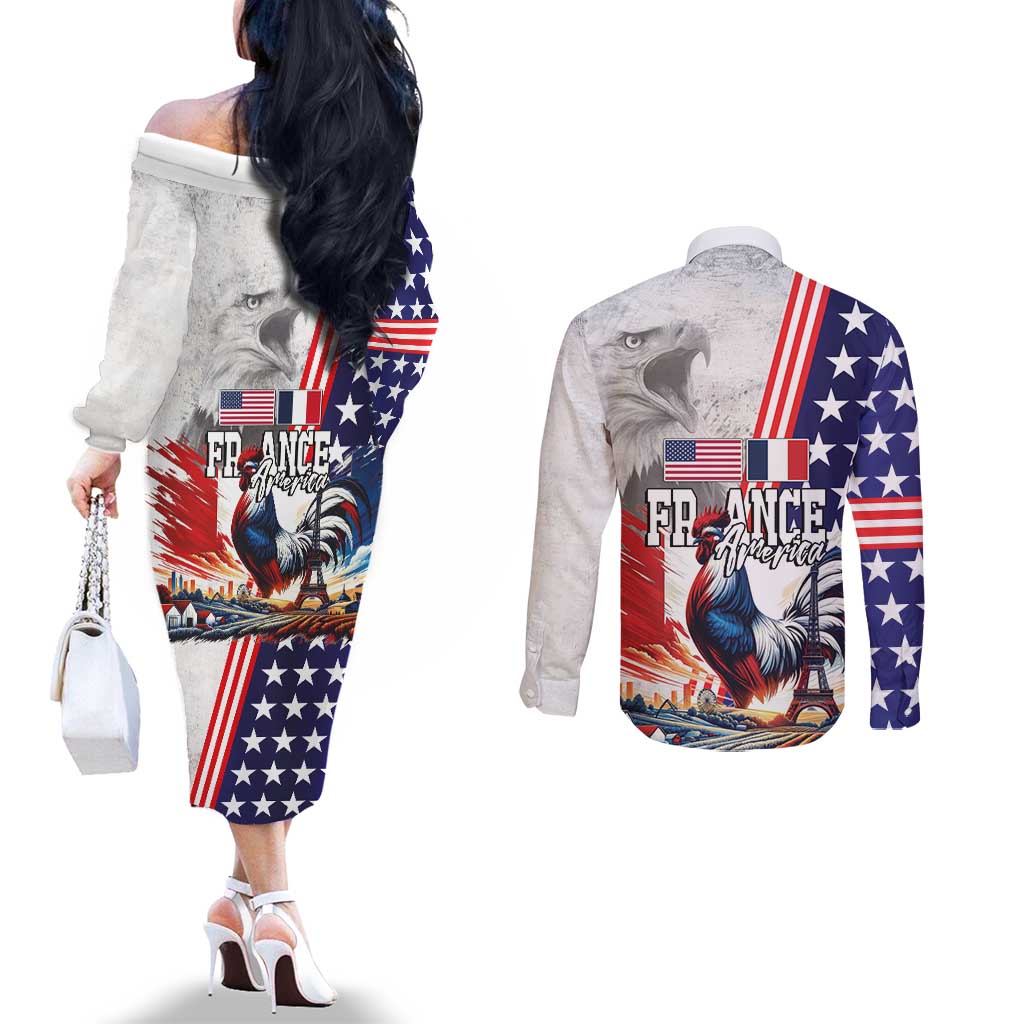 French-American Heritage Month Couples Matching Off The Shoulder Long Sleeve Dress and Long Sleeve Button Shirt National Flags Style with Rooster and Bald Eagle - Wonder Print Shop