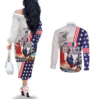 French-American Heritage Month Couples Matching Off The Shoulder Long Sleeve Dress and Long Sleeve Button Shirt National Flags Style with Rooster and Bald Eagle - Wonder Print Shop