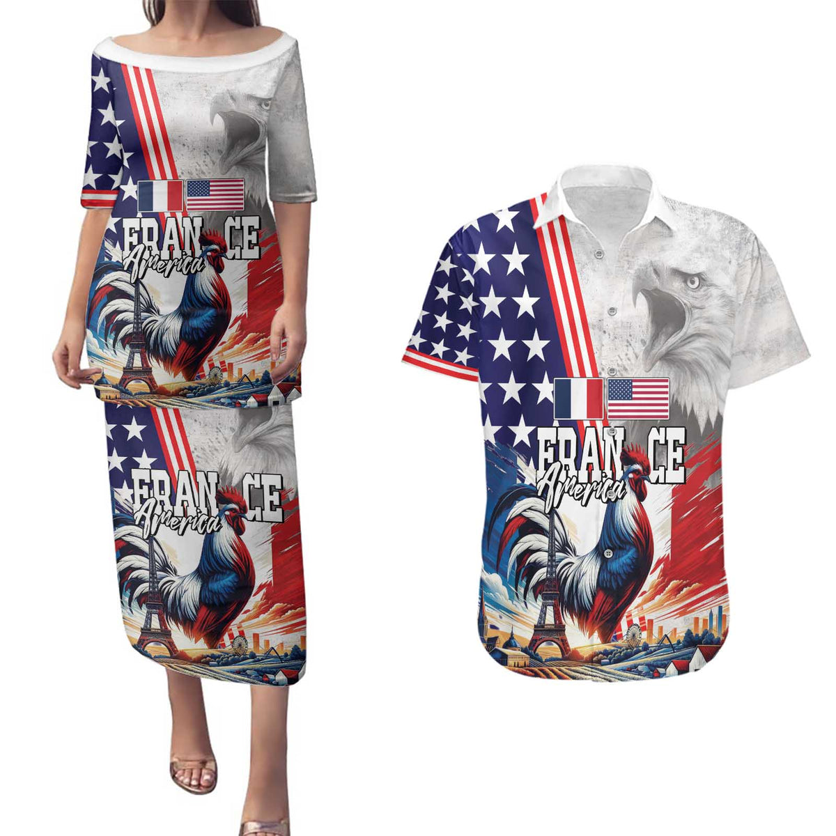 French-American Heritage Month Couples Matching Puletasi and Hawaiian Shirt National Flags Style with Rooster and Bald Eagle - Wonder Print Shop