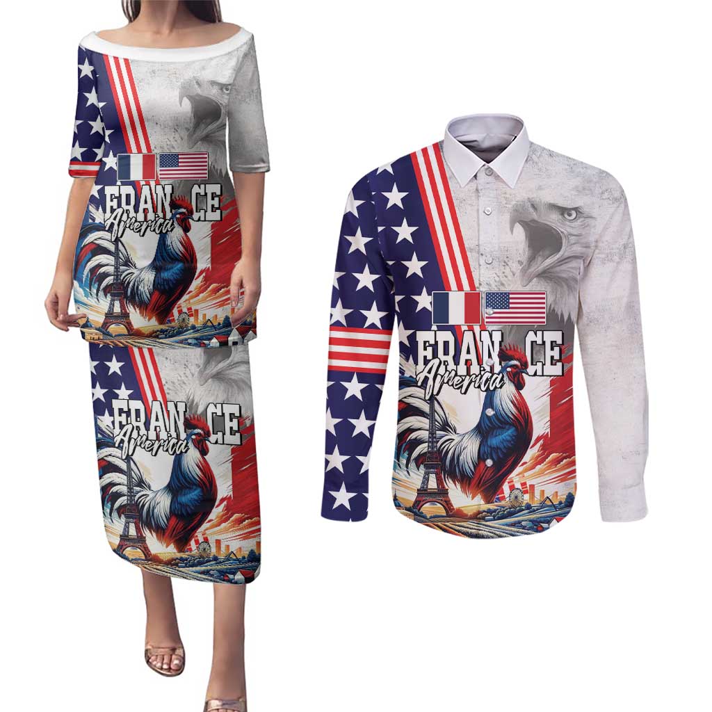 French-American Heritage Month Couples Matching Puletasi and Long Sleeve Button Shirt National Flags Style with Rooster and Bald Eagle - Wonder Print Shop