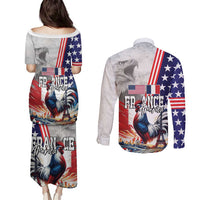 French-American Heritage Month Couples Matching Puletasi and Long Sleeve Button Shirt National Flags Style with Rooster and Bald Eagle - Wonder Print Shop