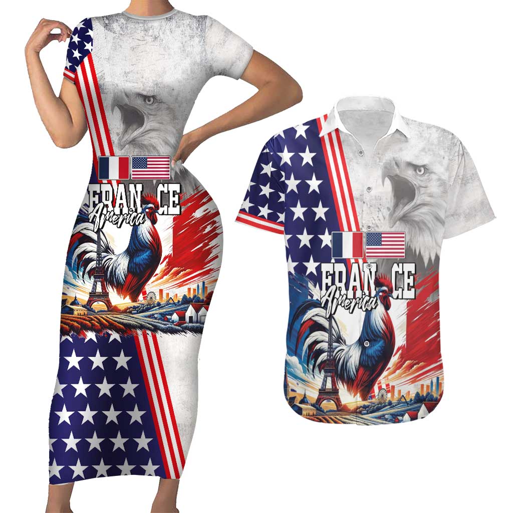 French-American Heritage Month Couples Matching Short Sleeve Bodycon Dress and Hawaiian Shirt National Flags Style with Rooster and Bald Eagle - Wonder Print Shop