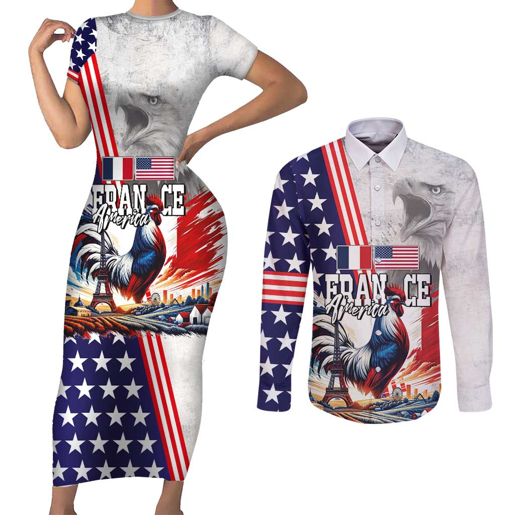 French-American Heritage Month Couples Matching Short Sleeve Bodycon Dress and Long Sleeve Button Shirt National Flags Style with Rooster and Bald Eagle - Wonder Print Shop