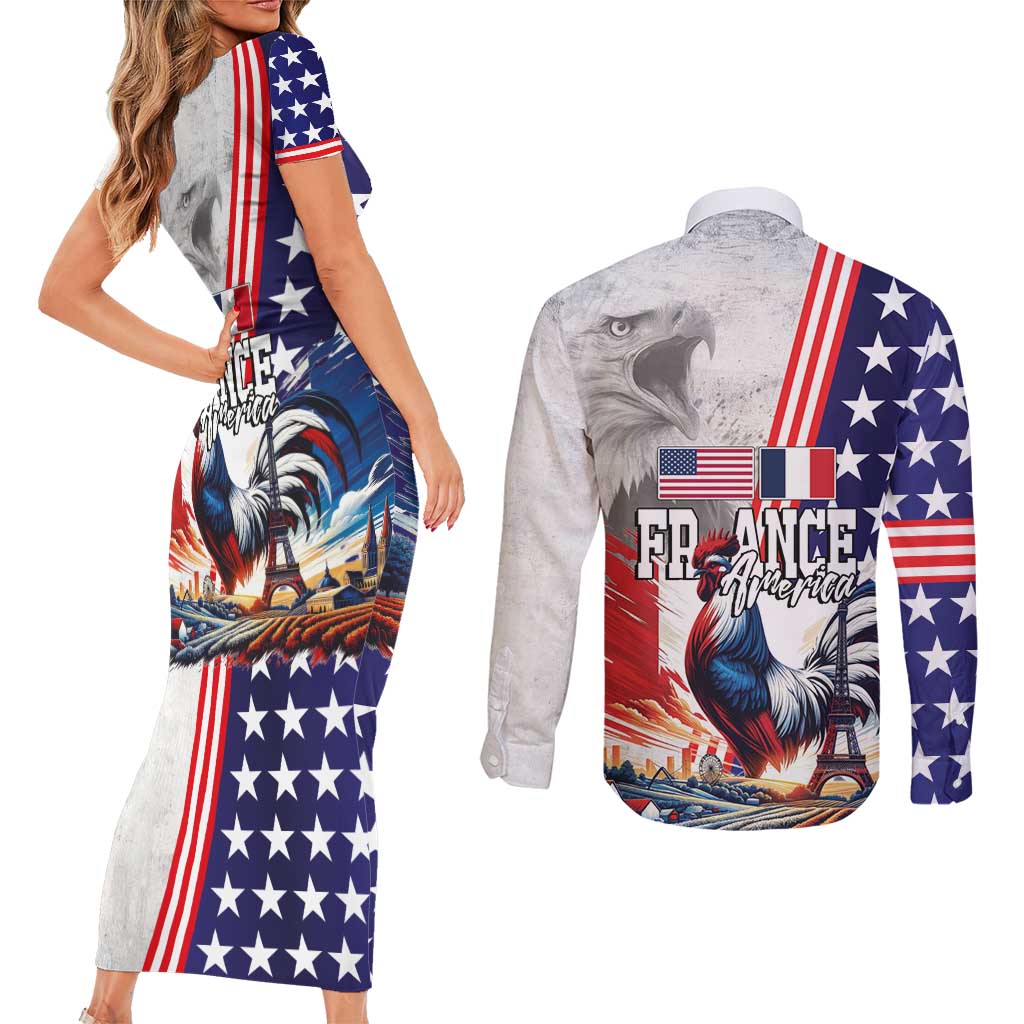French-American Heritage Month Couples Matching Short Sleeve Bodycon Dress and Long Sleeve Button Shirt National Flags Style with Rooster and Bald Eagle - Wonder Print Shop