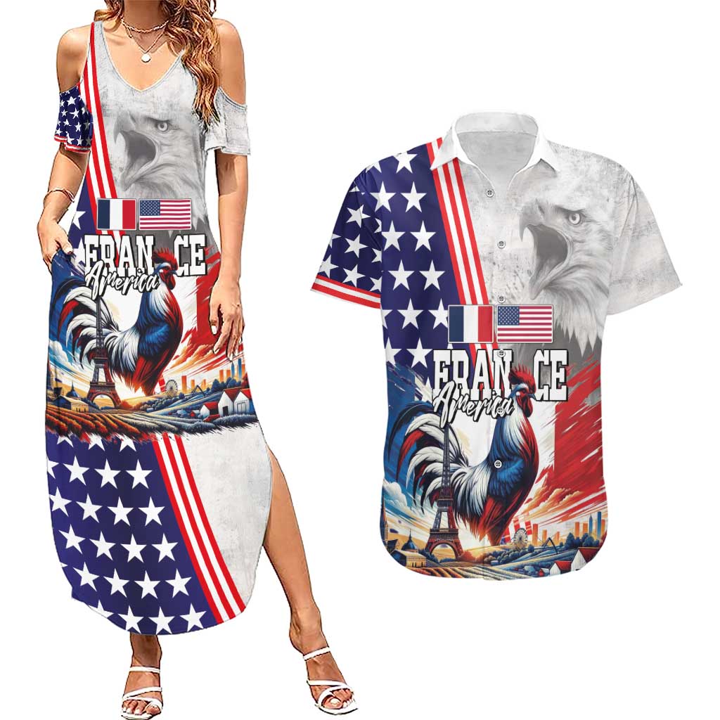 French-American Heritage Month Couples Matching Summer Maxi Dress and Hawaiian Shirt National Flags Style with Rooster and Bald Eagle - Wonder Print Shop