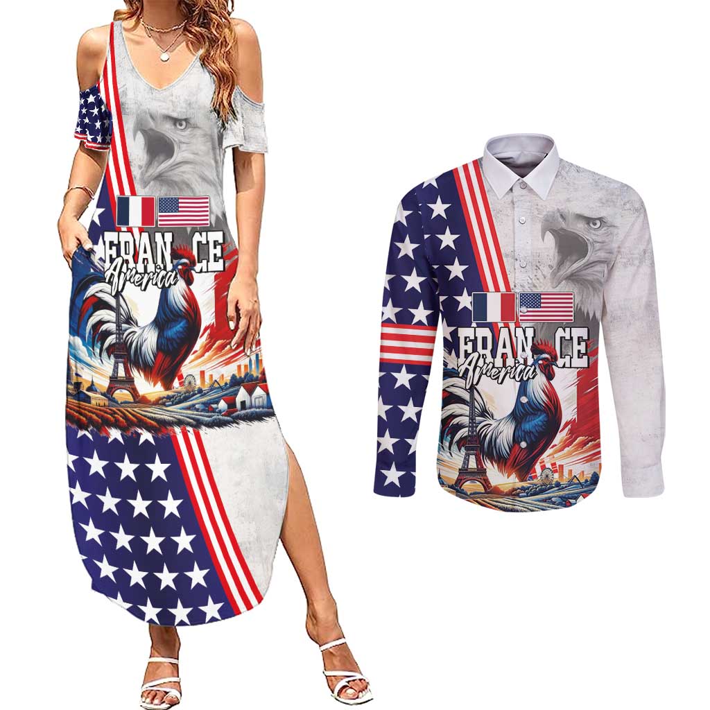 French-American Heritage Month Couples Matching Summer Maxi Dress and Long Sleeve Button Shirt National Flags Style with Rooster and Bald Eagle - Wonder Print Shop