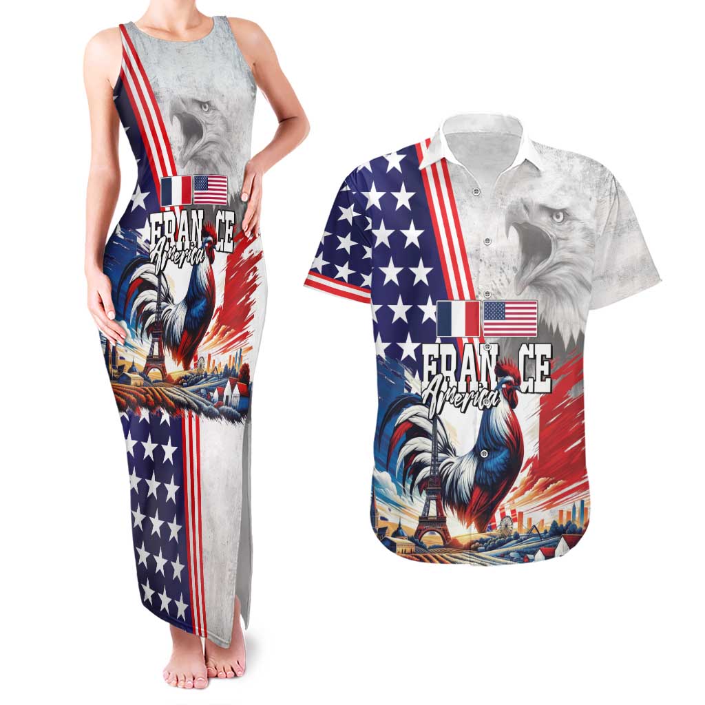 French-American Heritage Month Couples Matching Tank Maxi Dress and Hawaiian Shirt National Flags Style with Rooster and Bald Eagle - Wonder Print Shop