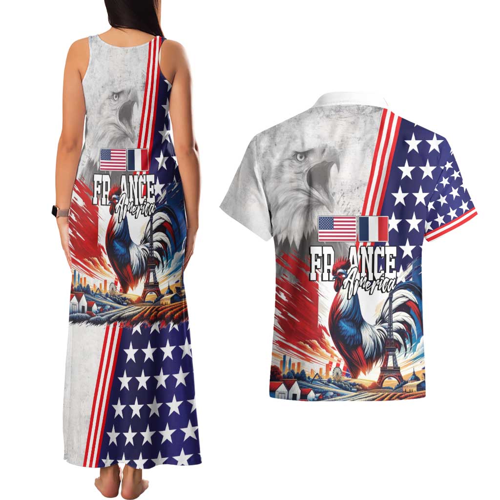 French-American Heritage Month Couples Matching Tank Maxi Dress and Hawaiian Shirt National Flags Style with Rooster and Bald Eagle - Wonder Print Shop