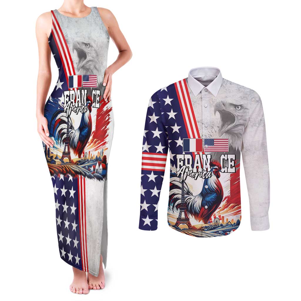 French-American Heritage Month Couples Matching Tank Maxi Dress and Long Sleeve Button Shirt National Flags Style with Rooster and Bald Eagle - Wonder Print Shop