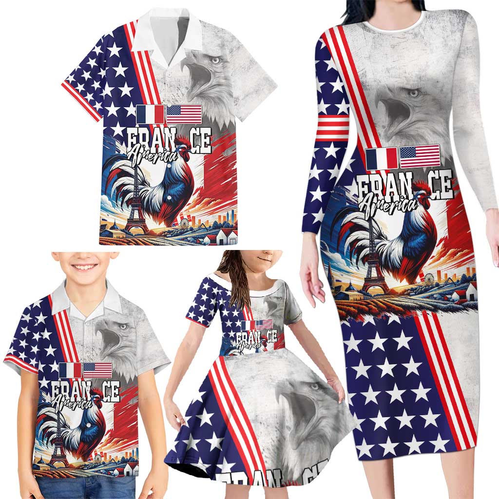 French-American Heritage Month Family Matching Long Sleeve Bodycon Dress and Hawaiian Shirt National Flags Style with Rooster and Bald Eagle - Wonder Print Shop