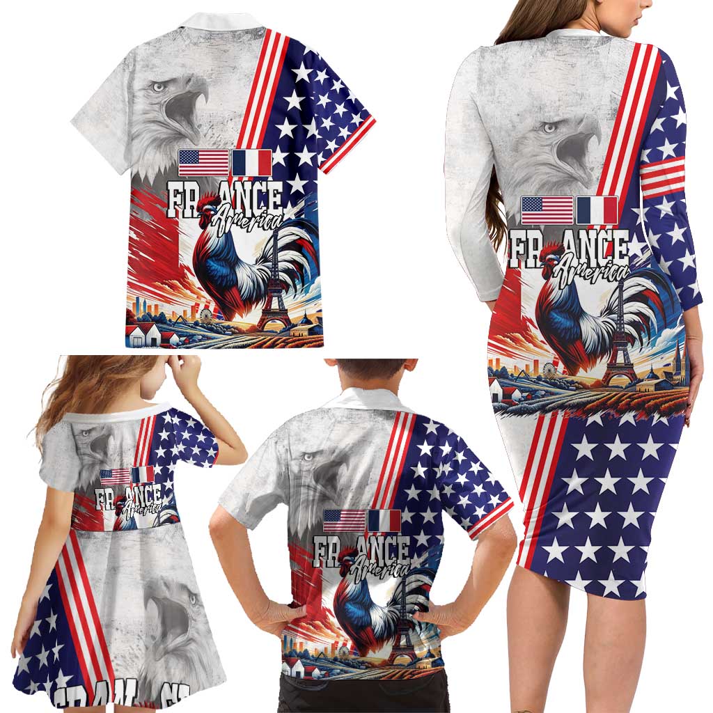 French-American Heritage Month Family Matching Long Sleeve Bodycon Dress and Hawaiian Shirt National Flags Style with Rooster and Bald Eagle - Wonder Print Shop