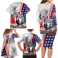 French-American Heritage Month Family Matching Long Sleeve Bodycon Dress and Hawaiian Shirt National Flags Style with Rooster and Bald Eagle - Wonder Print Shop