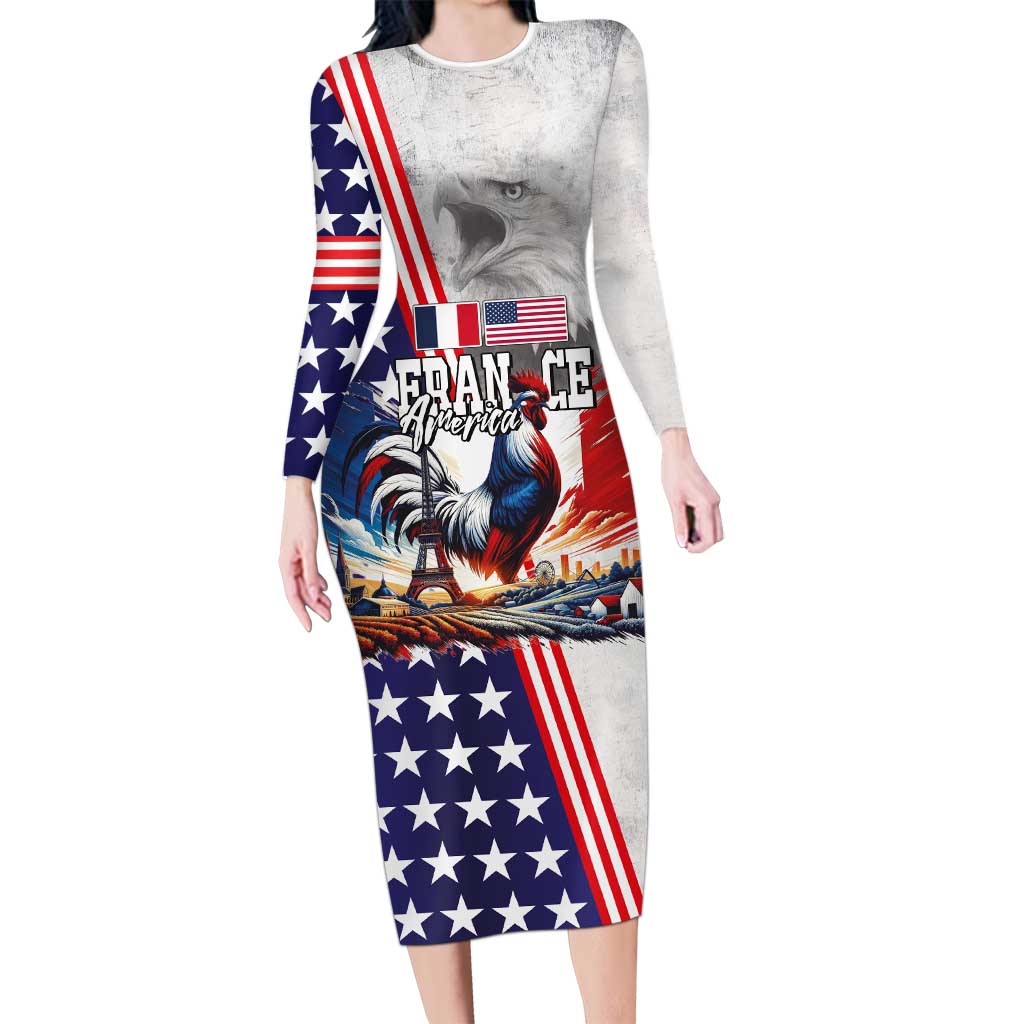 French-American Heritage Month Family Matching Long Sleeve Bodycon Dress and Hawaiian Shirt National Flags Style with Rooster and Bald Eagle - Wonder Print Shop