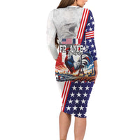 French-American Heritage Month Family Matching Long Sleeve Bodycon Dress and Hawaiian Shirt National Flags Style with Rooster and Bald Eagle - Wonder Print Shop