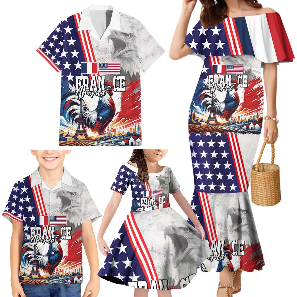 French-American Heritage Month Family Matching Mermaid Dress and Hawaiian Shirt National Flags Style with Rooster and Bald Eagle - Wonder Print Shop