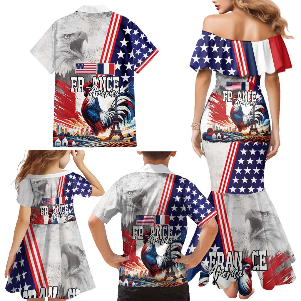 French-American Heritage Month Family Matching Mermaid Dress and Hawaiian Shirt National Flags Style with Rooster and Bald Eagle - Wonder Print Shop