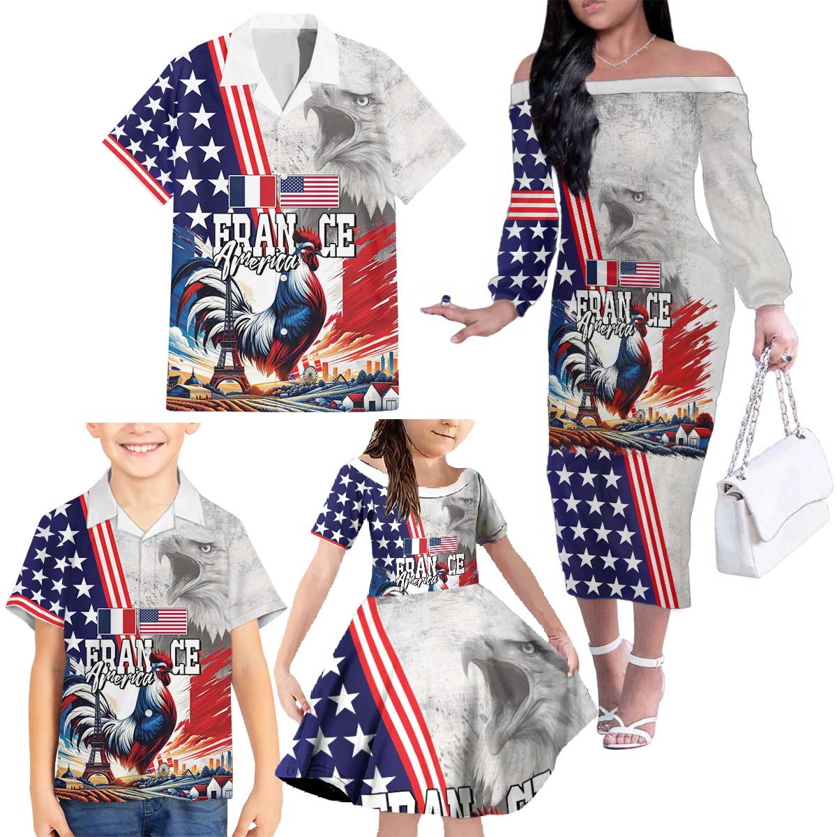 French-American Heritage Month Family Matching Off The Shoulder Long Sleeve Dress and Hawaiian Shirt National Flags Style with Rooster and Bald Eagle - Wonder Print Shop