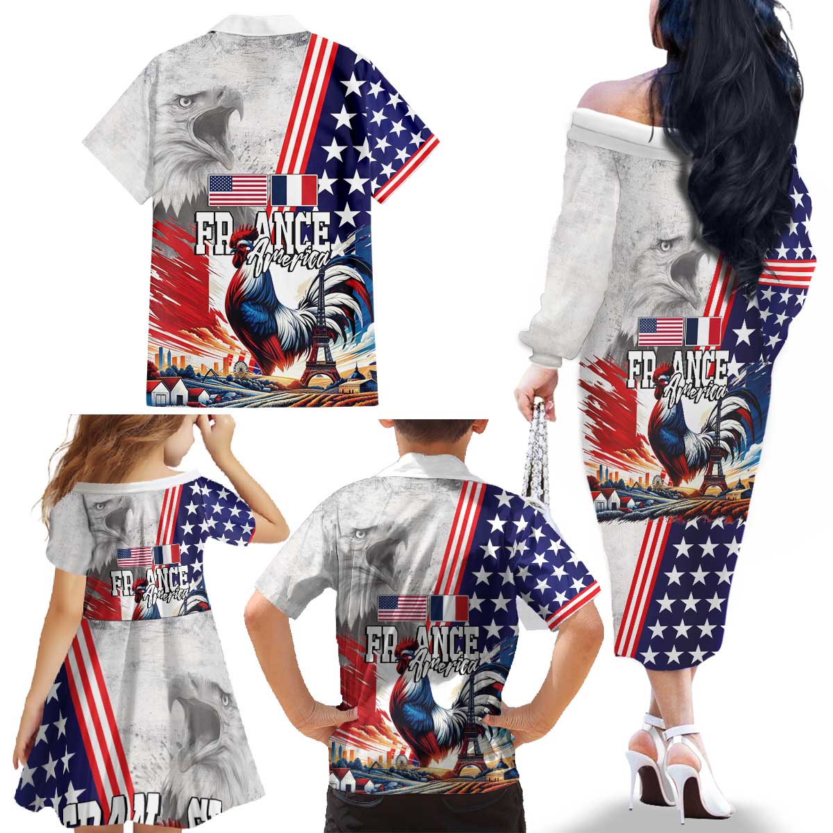French-American Heritage Month Family Matching Off The Shoulder Long Sleeve Dress and Hawaiian Shirt National Flags Style with Rooster and Bald Eagle - Wonder Print Shop