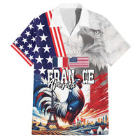 French-American Heritage Month Family Matching Off The Shoulder Long Sleeve Dress and Hawaiian Shirt National Flags Style with Rooster and Bald Eagle - Wonder Print Shop