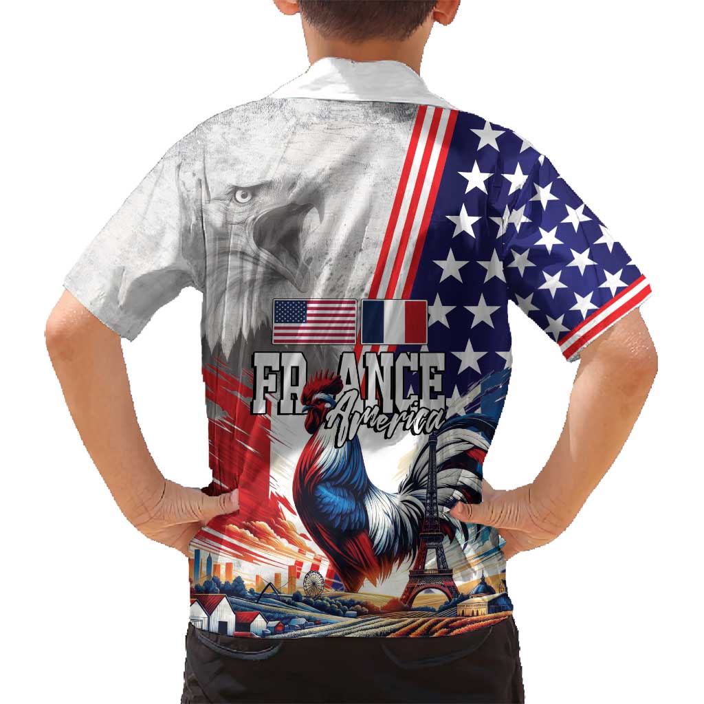French-American Heritage Month Family Matching Off Shoulder Maxi Dress and Hawaiian Shirt National Flags Style with Rooster and Bald Eagle - Wonder Print Shop