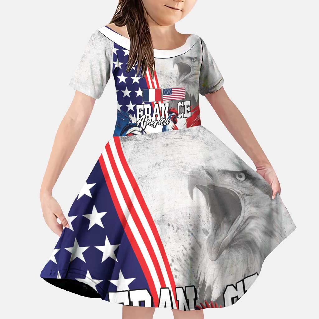 French-American Heritage Month Family Matching Off Shoulder Maxi Dress and Hawaiian Shirt National Flags Style with Rooster and Bald Eagle - Wonder Print Shop