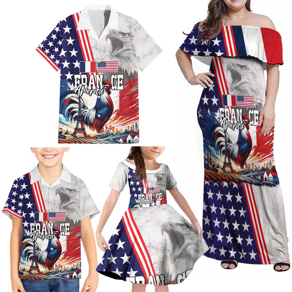 French-American Heritage Month Family Matching Off Shoulder Maxi Dress and Hawaiian Shirt National Flags Style with Rooster and Bald Eagle - Wonder Print Shop