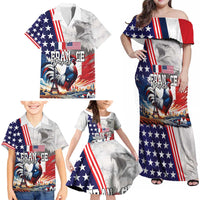 French-American Heritage Month Family Matching Off Shoulder Maxi Dress and Hawaiian Shirt National Flags Style with Rooster and Bald Eagle - Wonder Print Shop