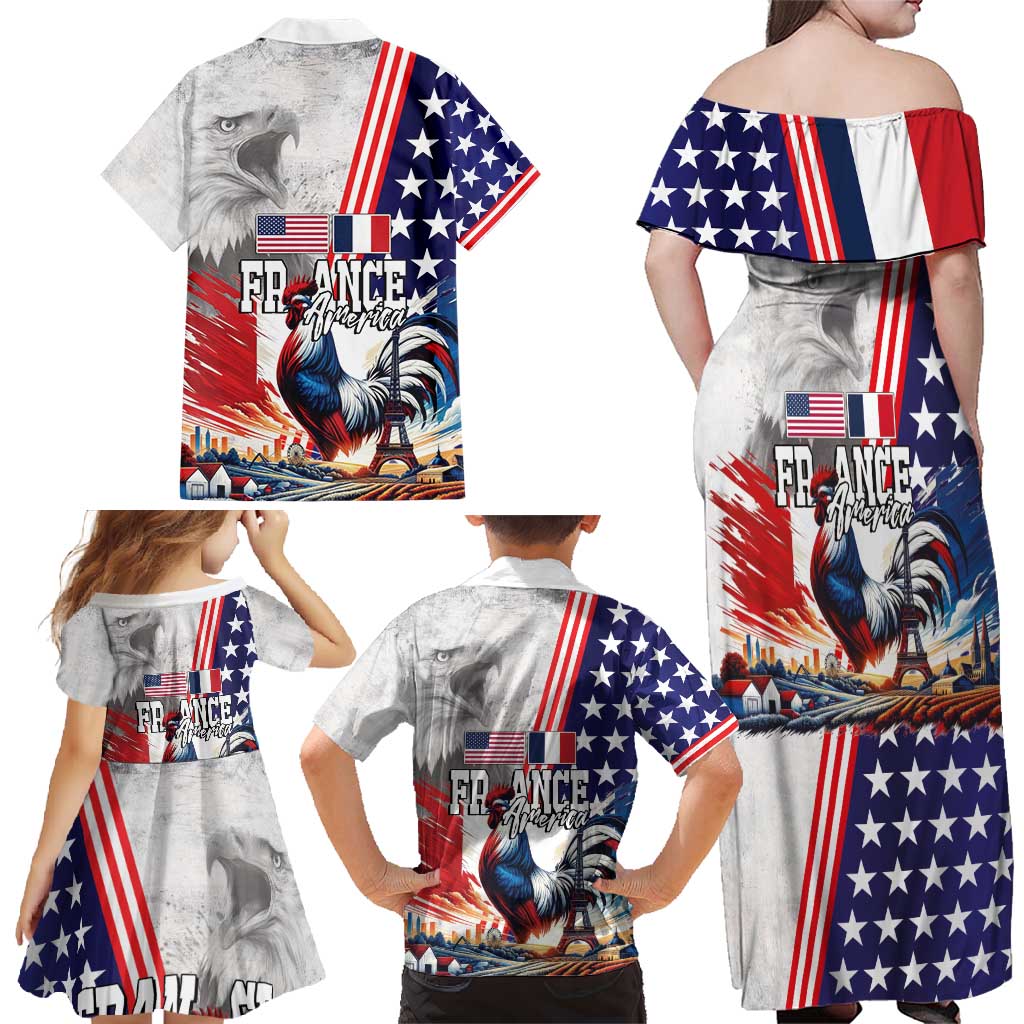 French-American Heritage Month Family Matching Off Shoulder Maxi Dress and Hawaiian Shirt National Flags Style with Rooster and Bald Eagle - Wonder Print Shop