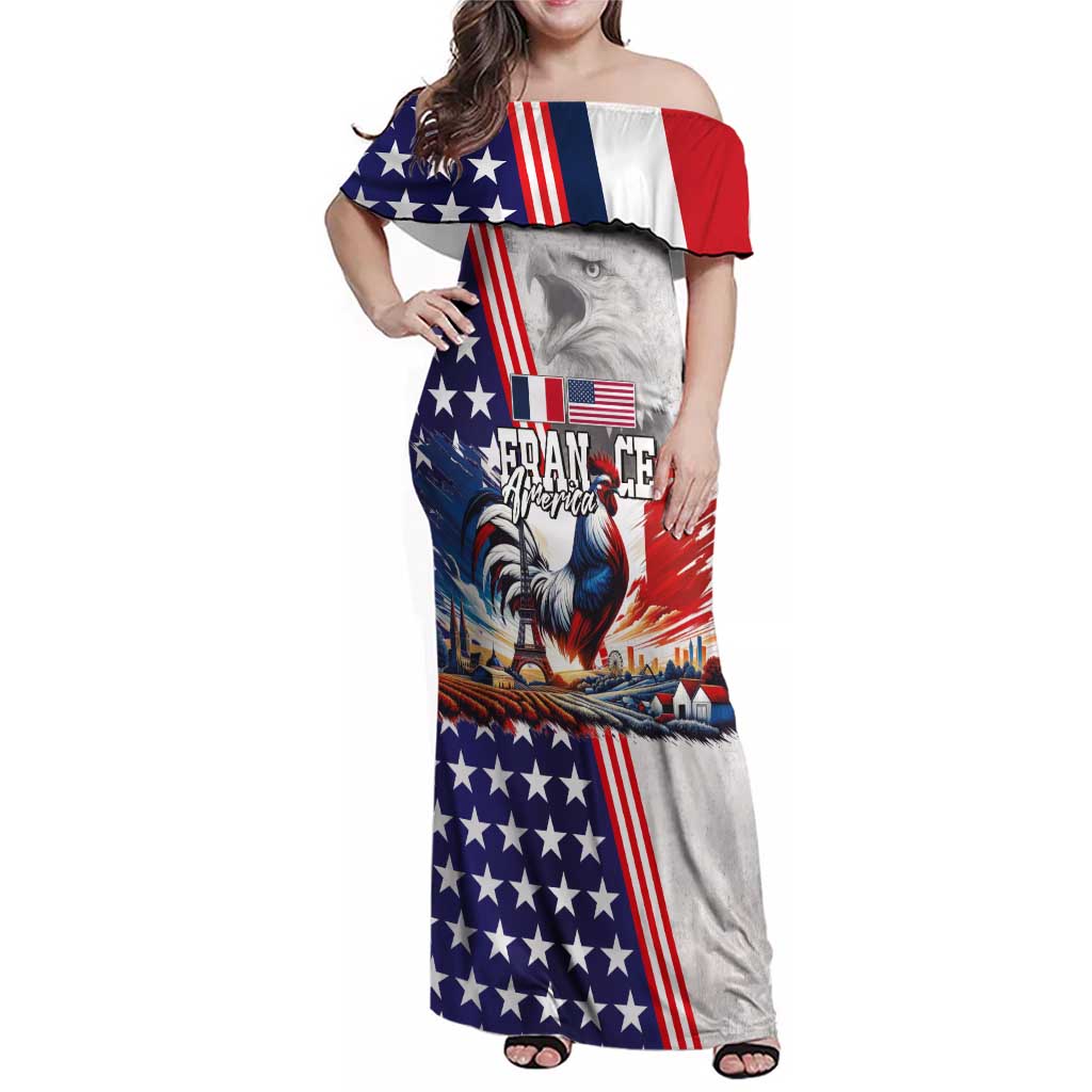 French-American Heritage Month Family Matching Off Shoulder Maxi Dress and Hawaiian Shirt National Flags Style with Rooster and Bald Eagle - Wonder Print Shop