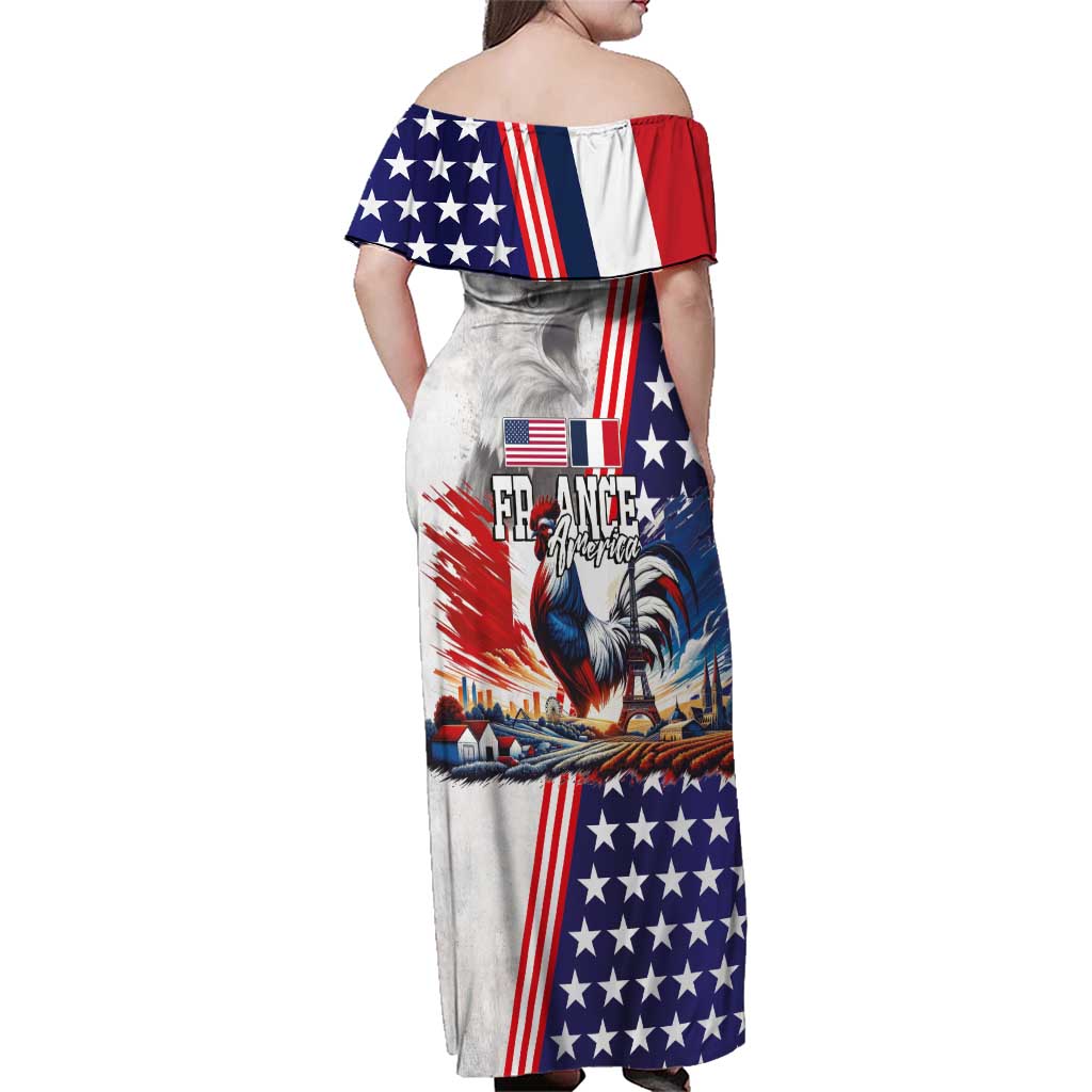 French-American Heritage Month Family Matching Off Shoulder Maxi Dress and Hawaiian Shirt National Flags Style with Rooster and Bald Eagle - Wonder Print Shop