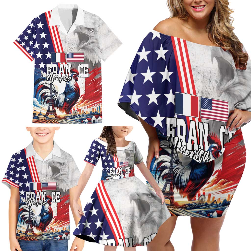 French-American Heritage Month Family Matching Off Shoulder Short Dress and Hawaiian Shirt National Flags Style with Rooster and Bald Eagle - Wonder Print Shop