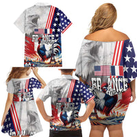 French-American Heritage Month Family Matching Off Shoulder Short Dress and Hawaiian Shirt National Flags Style with Rooster and Bald Eagle - Wonder Print Shop