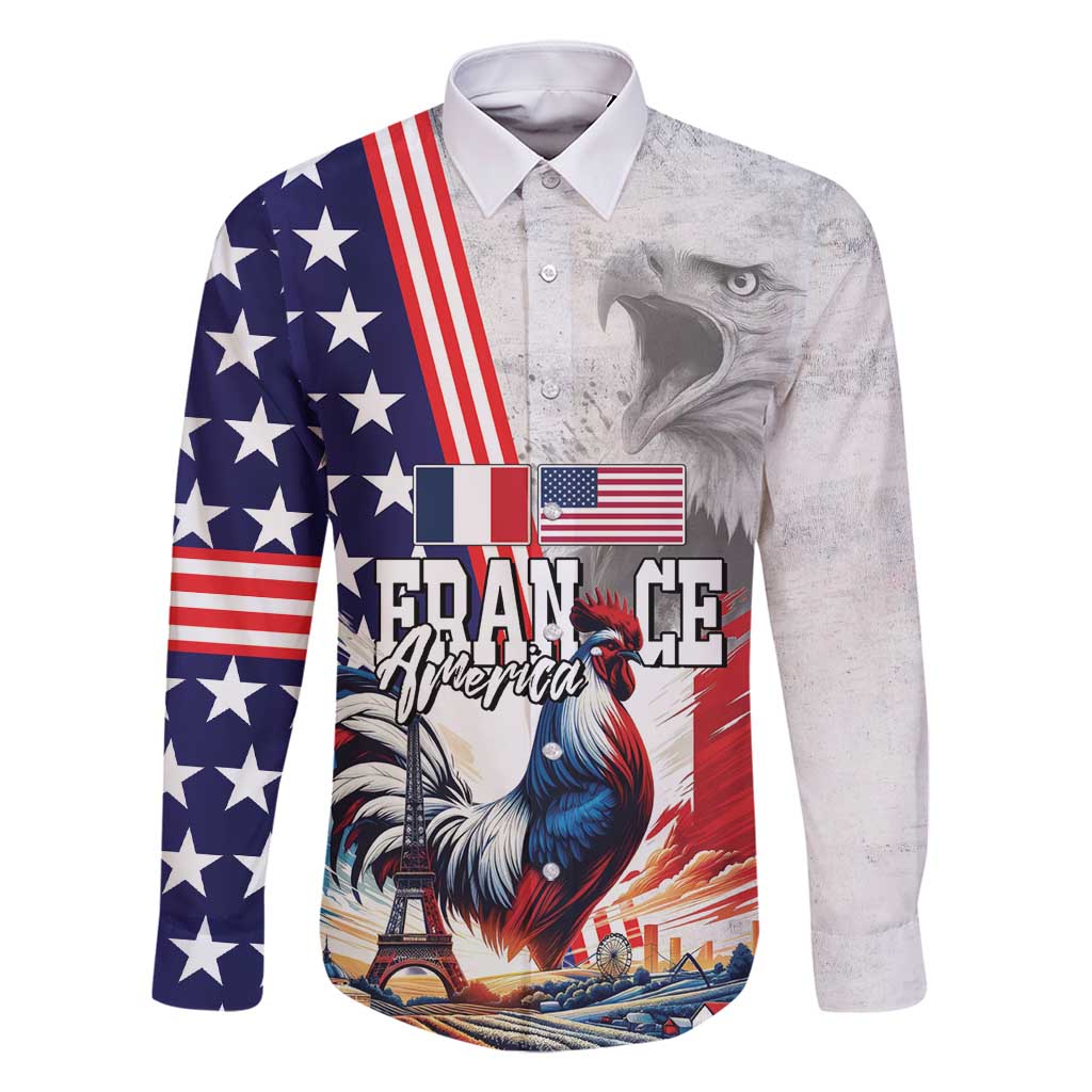 French-American Heritage Month Family Matching Off Shoulder Short Dress and Hawaiian Shirt National Flags Style with Rooster and Bald Eagle - Wonder Print Shop