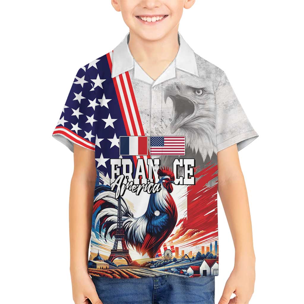 French-American Heritage Month Family Matching Off Shoulder Short Dress and Hawaiian Shirt National Flags Style with Rooster and Bald Eagle - Wonder Print Shop