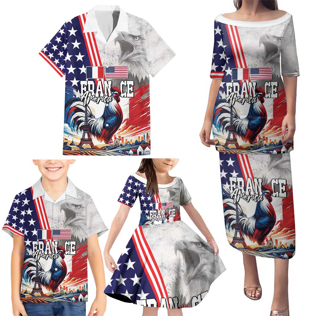 French-American Heritage Month Family Matching Puletasi and Hawaiian Shirt National Flags Style with Rooster and Bald Eagle - Wonder Print Shop