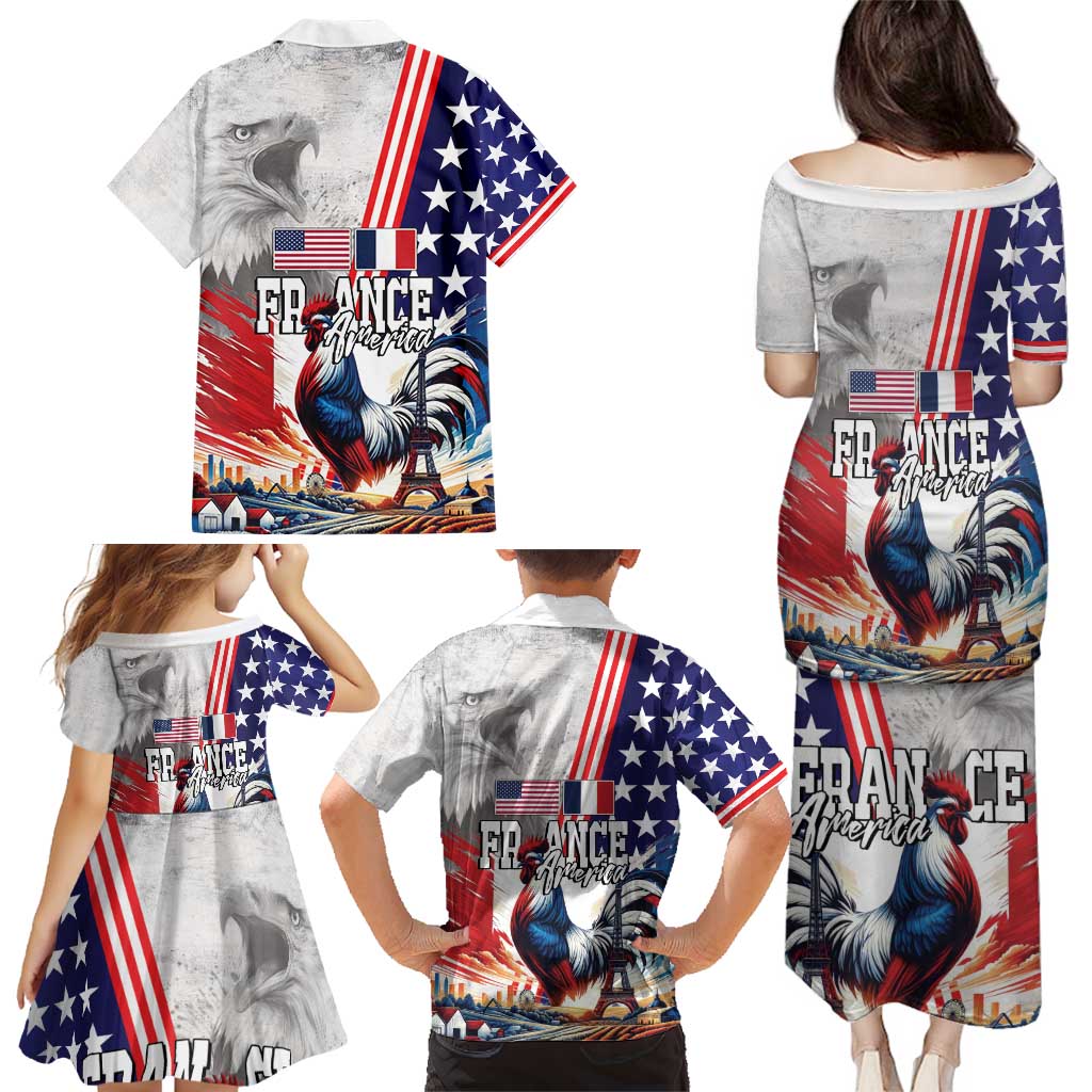 French-American Heritage Month Family Matching Puletasi and Hawaiian Shirt National Flags Style with Rooster and Bald Eagle - Wonder Print Shop