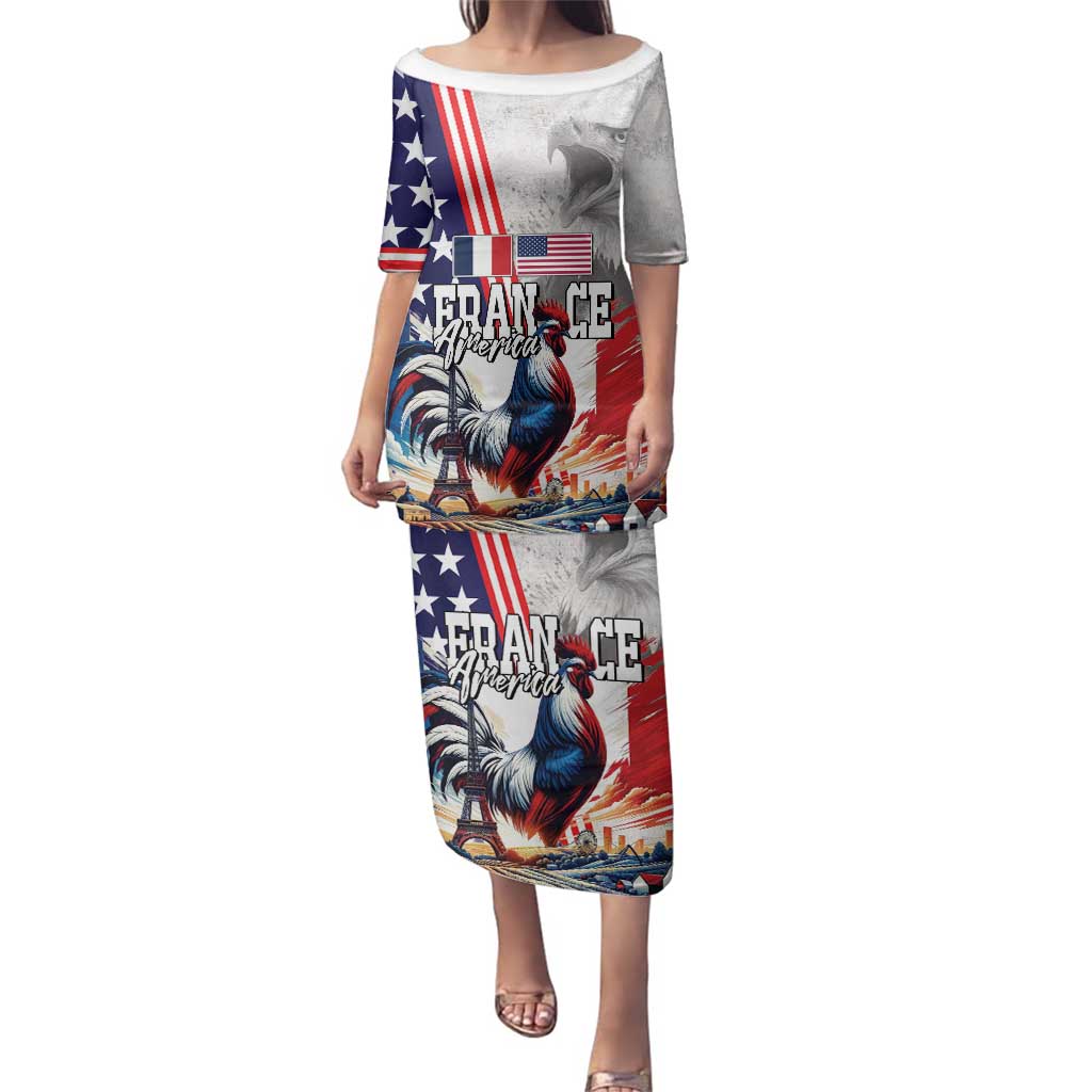 French-American Heritage Month Family Matching Puletasi and Hawaiian Shirt National Flags Style with Rooster and Bald Eagle - Wonder Print Shop