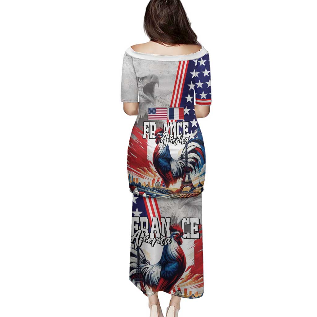 French-American Heritage Month Family Matching Puletasi and Hawaiian Shirt National Flags Style with Rooster and Bald Eagle - Wonder Print Shop