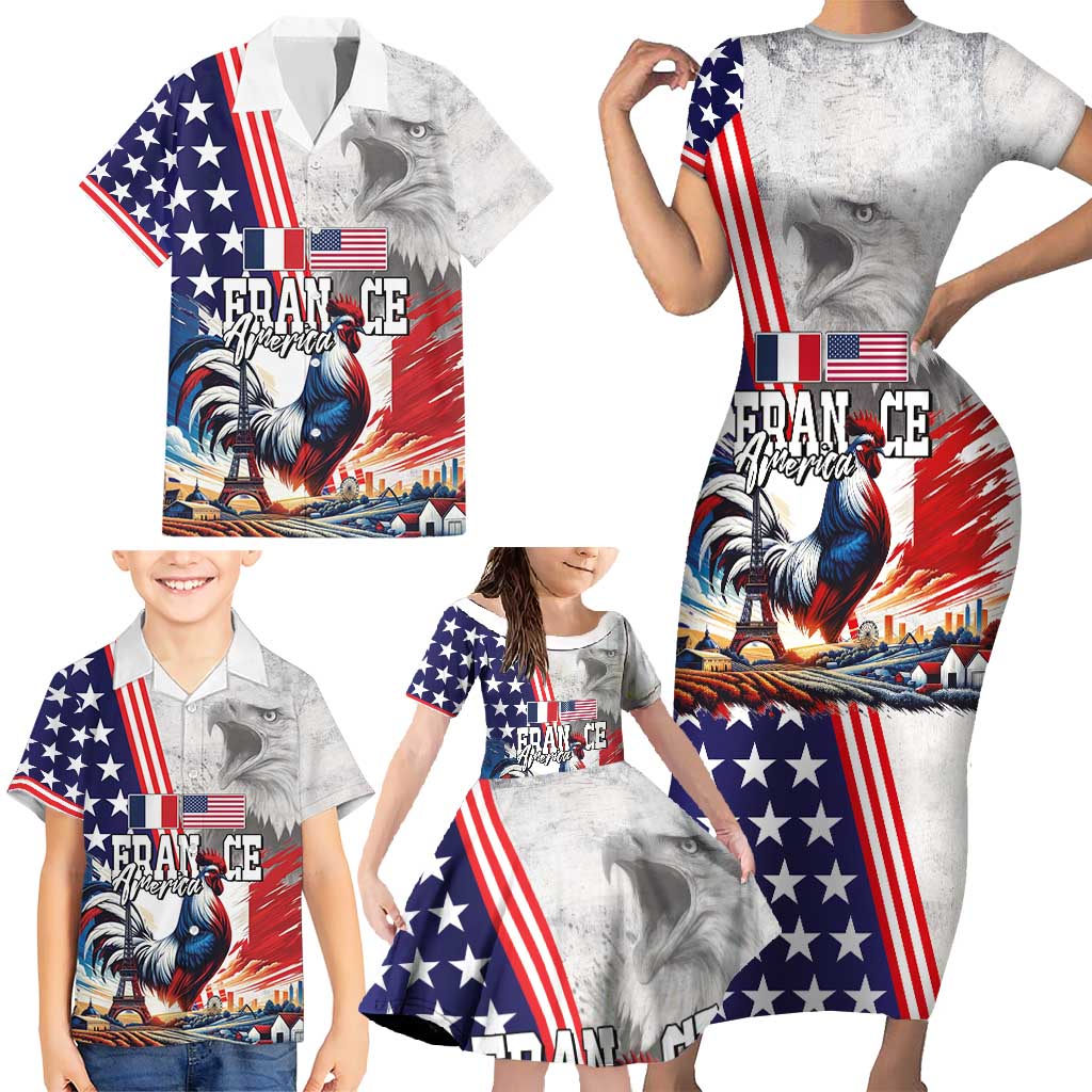 French-American Heritage Month Family Matching Short Sleeve Bodycon Dress and Hawaiian Shirt National Flags Style with Rooster and Bald Eagle - Wonder Print Shop