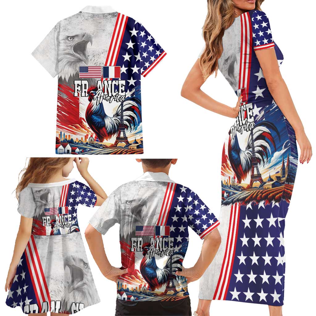 French-American Heritage Month Family Matching Short Sleeve Bodycon Dress and Hawaiian Shirt National Flags Style with Rooster and Bald Eagle - Wonder Print Shop