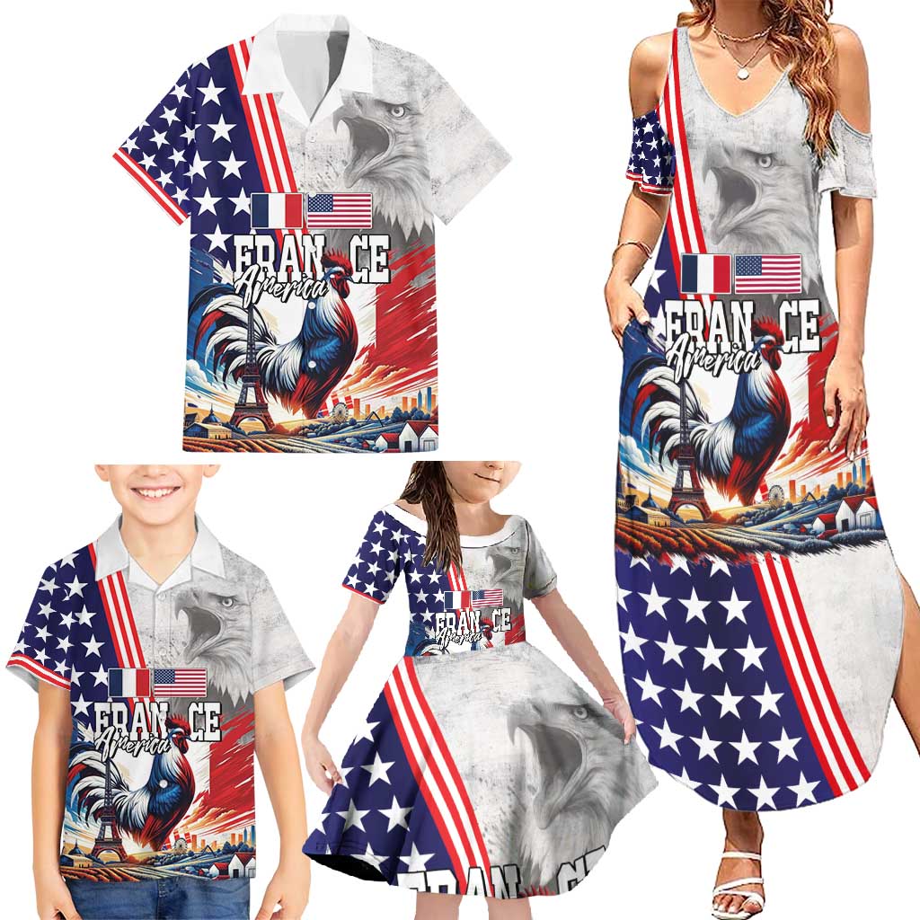 French-American Heritage Month Family Matching Summer Maxi Dress and Hawaiian Shirt National Flags Style with Rooster and Bald Eagle - Wonder Print Shop