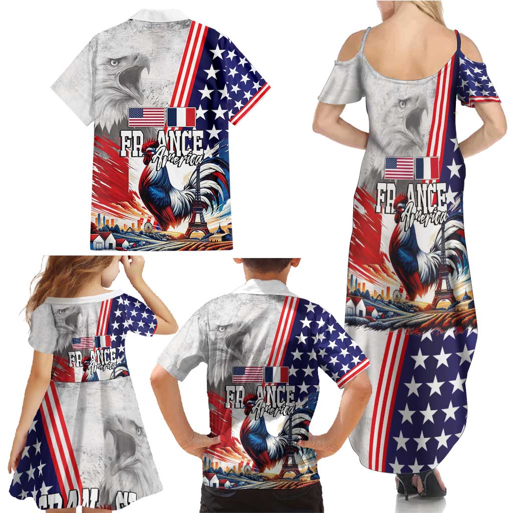 French-American Heritage Month Family Matching Summer Maxi Dress and Hawaiian Shirt National Flags Style with Rooster and Bald Eagle - Wonder Print Shop