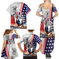 French-American Heritage Month Family Matching Summer Maxi Dress and Hawaiian Shirt National Flags Style with Rooster and Bald Eagle - Wonder Print Shop