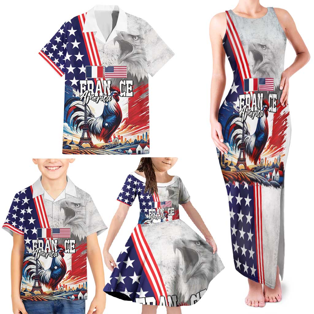 French-American Heritage Month Family Matching Tank Maxi Dress and Hawaiian Shirt National Flags Style with Rooster and Bald Eagle - Wonder Print Shop