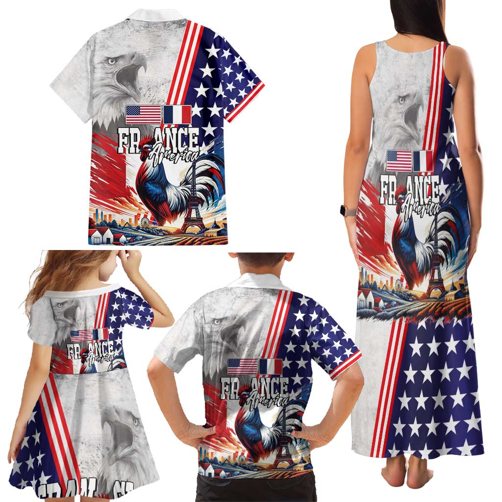 French-American Heritage Month Family Matching Tank Maxi Dress and Hawaiian Shirt National Flags Style with Rooster and Bald Eagle - Wonder Print Shop