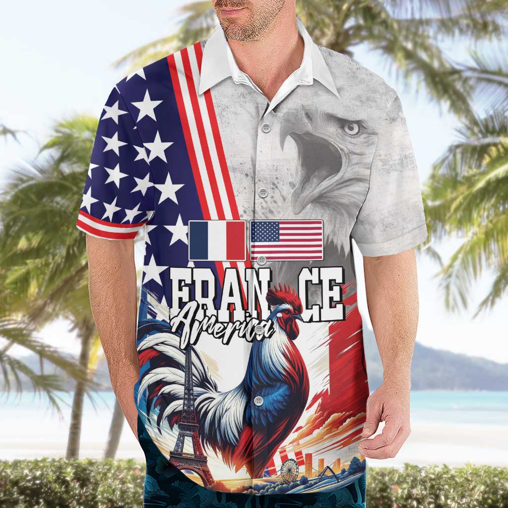 French-American Heritage Month Hawaiian Shirt National Flags Style with Rooster and Bald Eagle - Wonder Print Shop