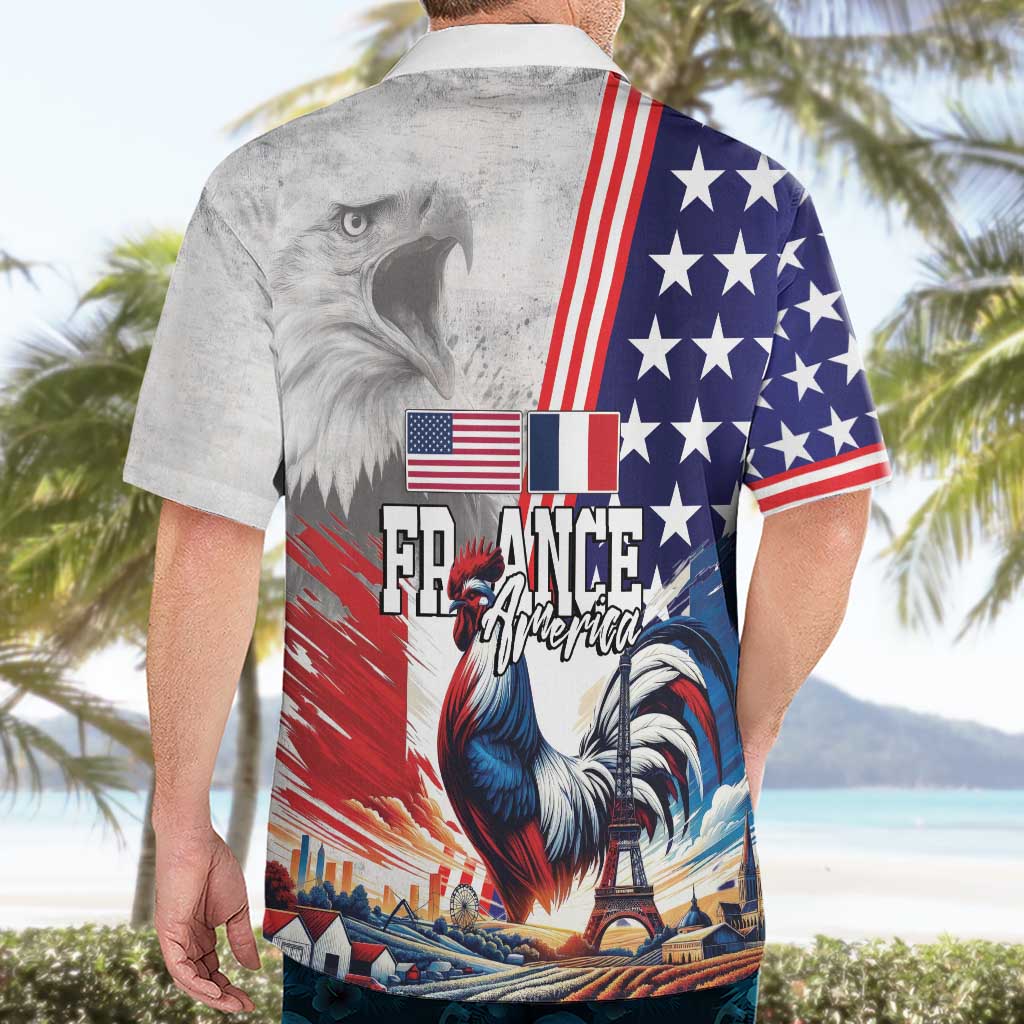 French-American Heritage Month Hawaiian Shirt National Flags Style with Rooster and Bald Eagle - Wonder Print Shop